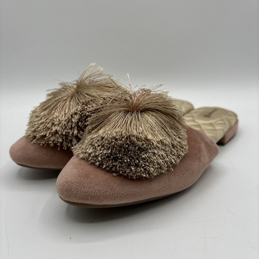Birdies Songbird Flat Mules Women's Size 8.5 Blush Pink Velvet Pom-Pom